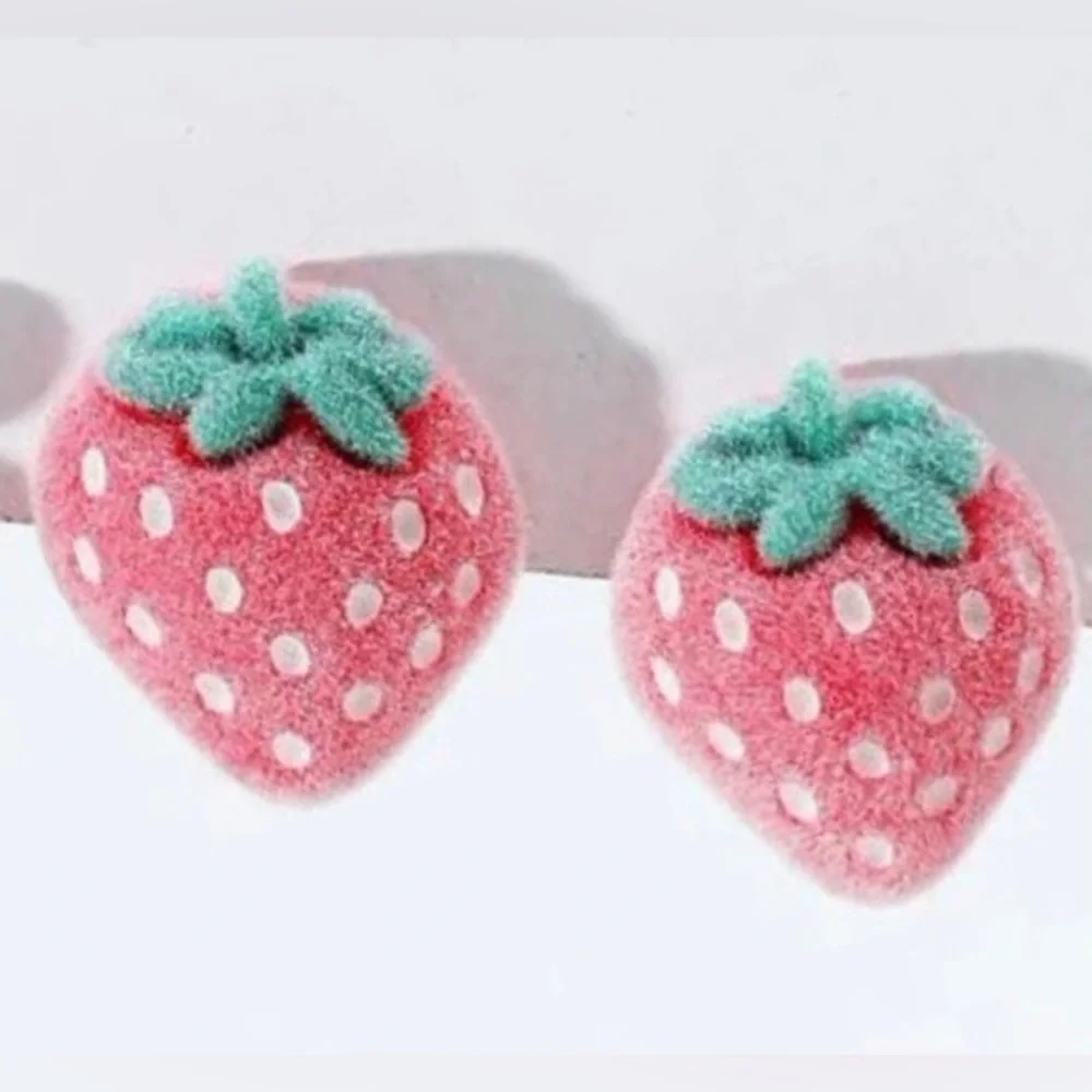 Fuzzy Strawberries~ Furry Fluffy Flocked Strawberry Fruit Kawaii Yummy Pink Stud